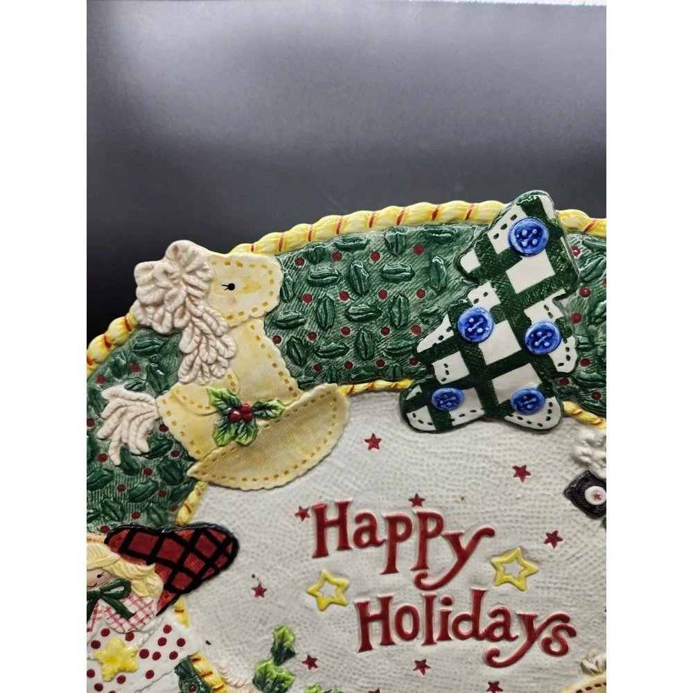 Festive Fitz And Floyd Christmas Holiday Platter Homespun Ceramic Large